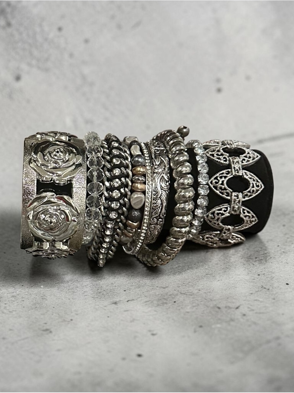 Bohemian Silver Bracelet Stack Set Rhinestone Cuff Mixed Beaded Tennis 8 Piece
